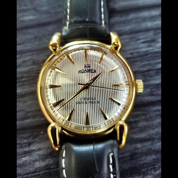 Rare Roamer Brevete Swiss Mens Manual Watch Gld Cham‎ Blk - Picture 2 of 9